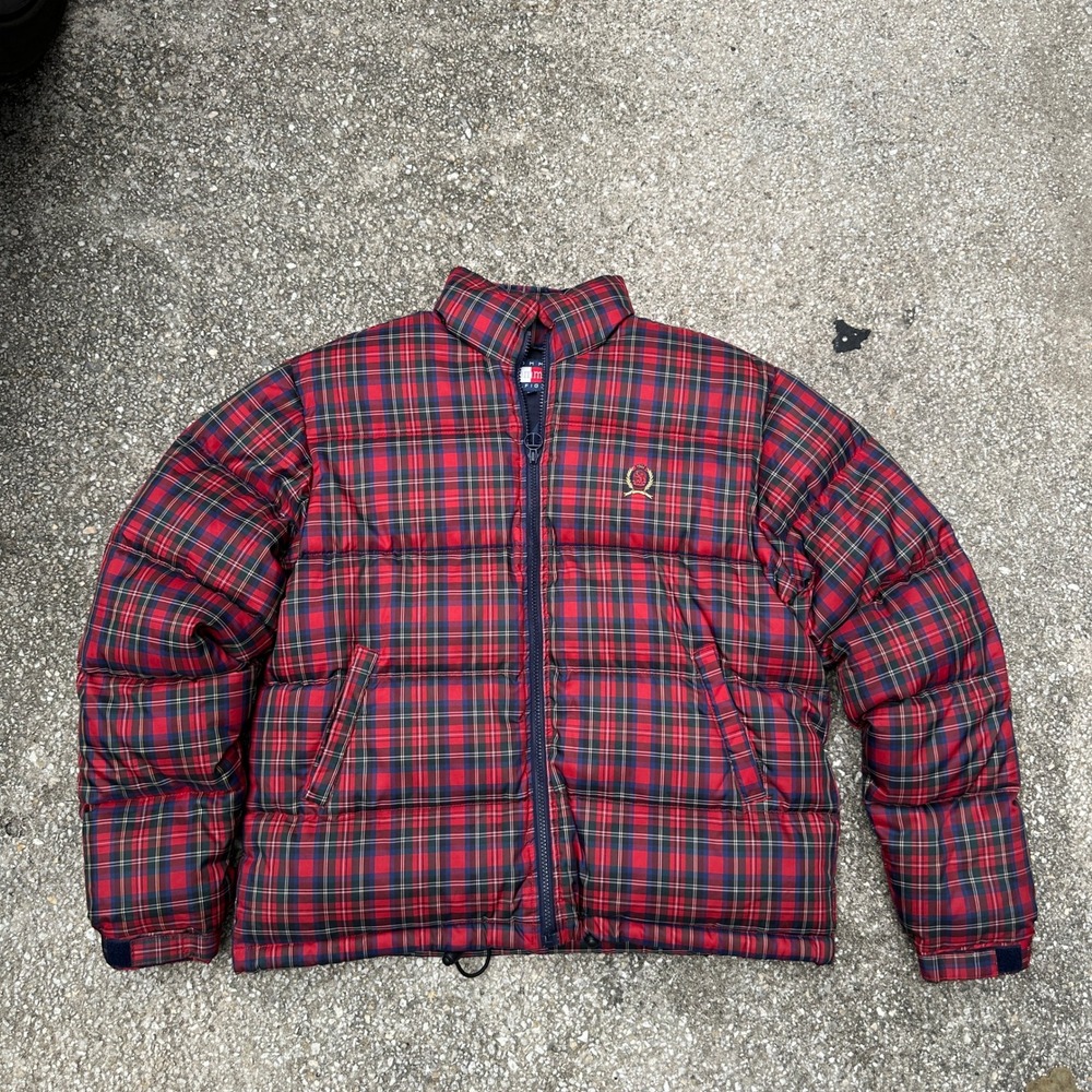 Vintage 90s Tommy Hilfiger Red Plaid Down Puffer Jacket Mens Medium Tartan Crest